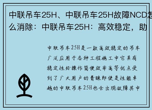 中联吊车25H、中联吊车25H故障NCD怎么消除:中联吊车25H:高效稳定,助力工程施工