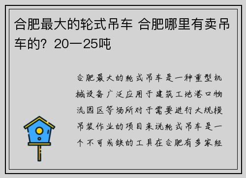 合肥最大的轮式吊车 合肥哪里有卖吊车的?20一25吨