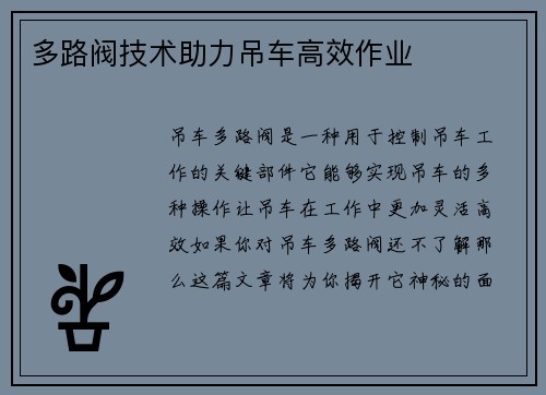 多路阀技术助力吊车高效作业