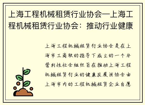 上海工程机械租赁行业协会—上海工程机械租赁行业协会：推动行业健康发展
