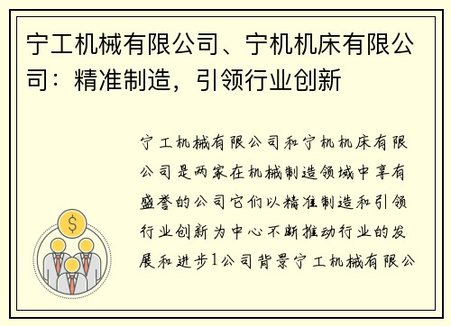 宁工机械有限公司、宁机机床有限公司:精准制造,引领行业创新